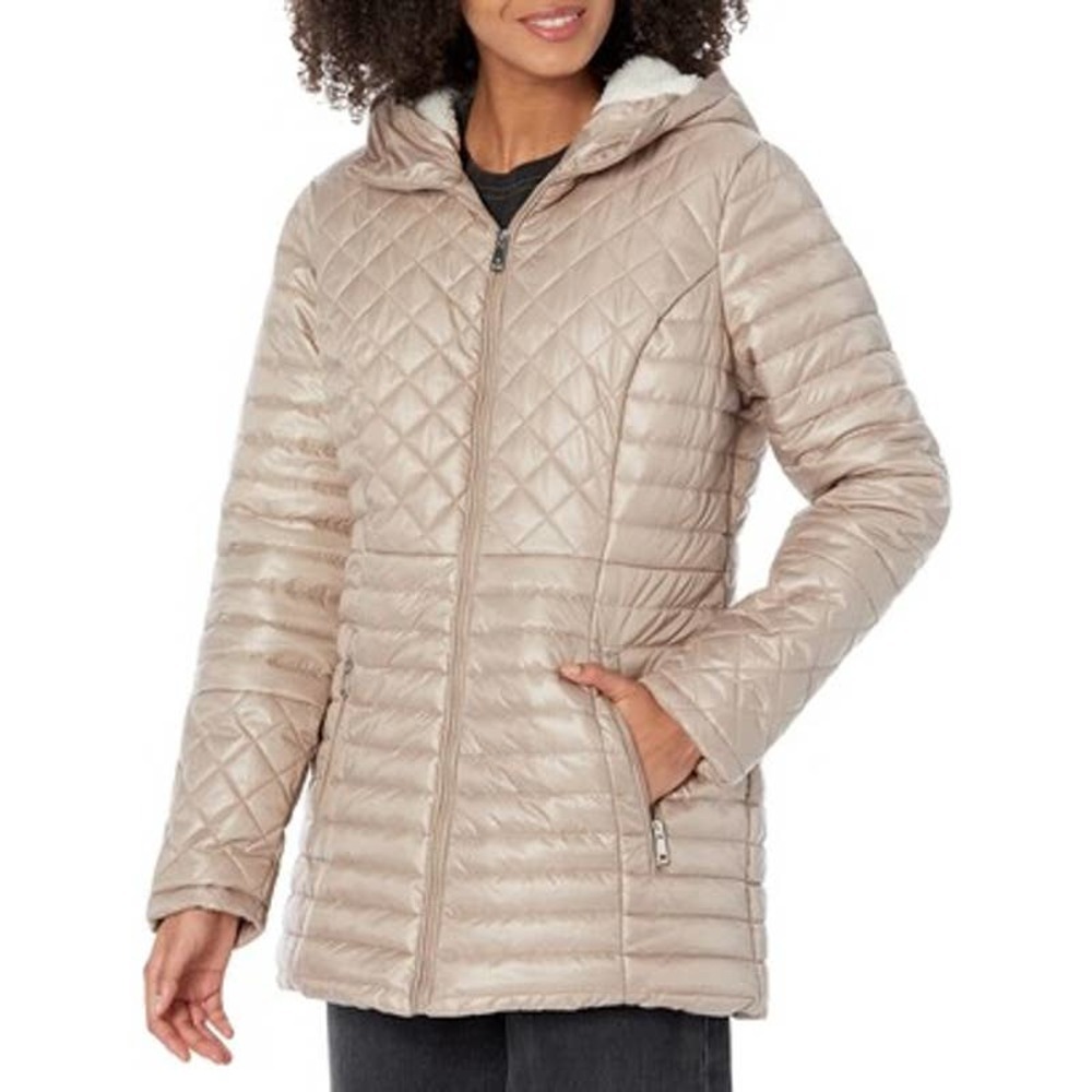 Kenneth Cole New York Sherpa Lined Mixed Quilted Puffer Coat Hooded NWT